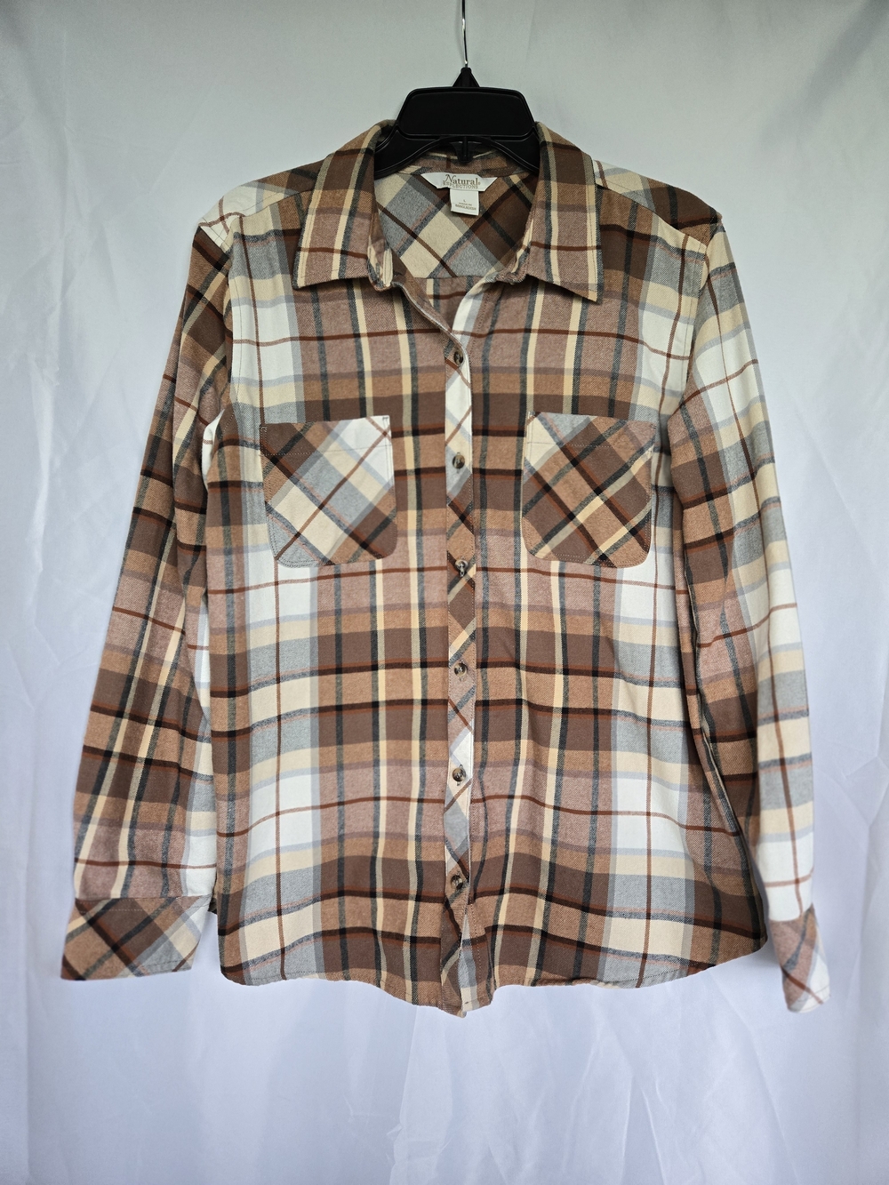 Natural Reflections Brown Tan Cream Plaid Button-Down Shirt